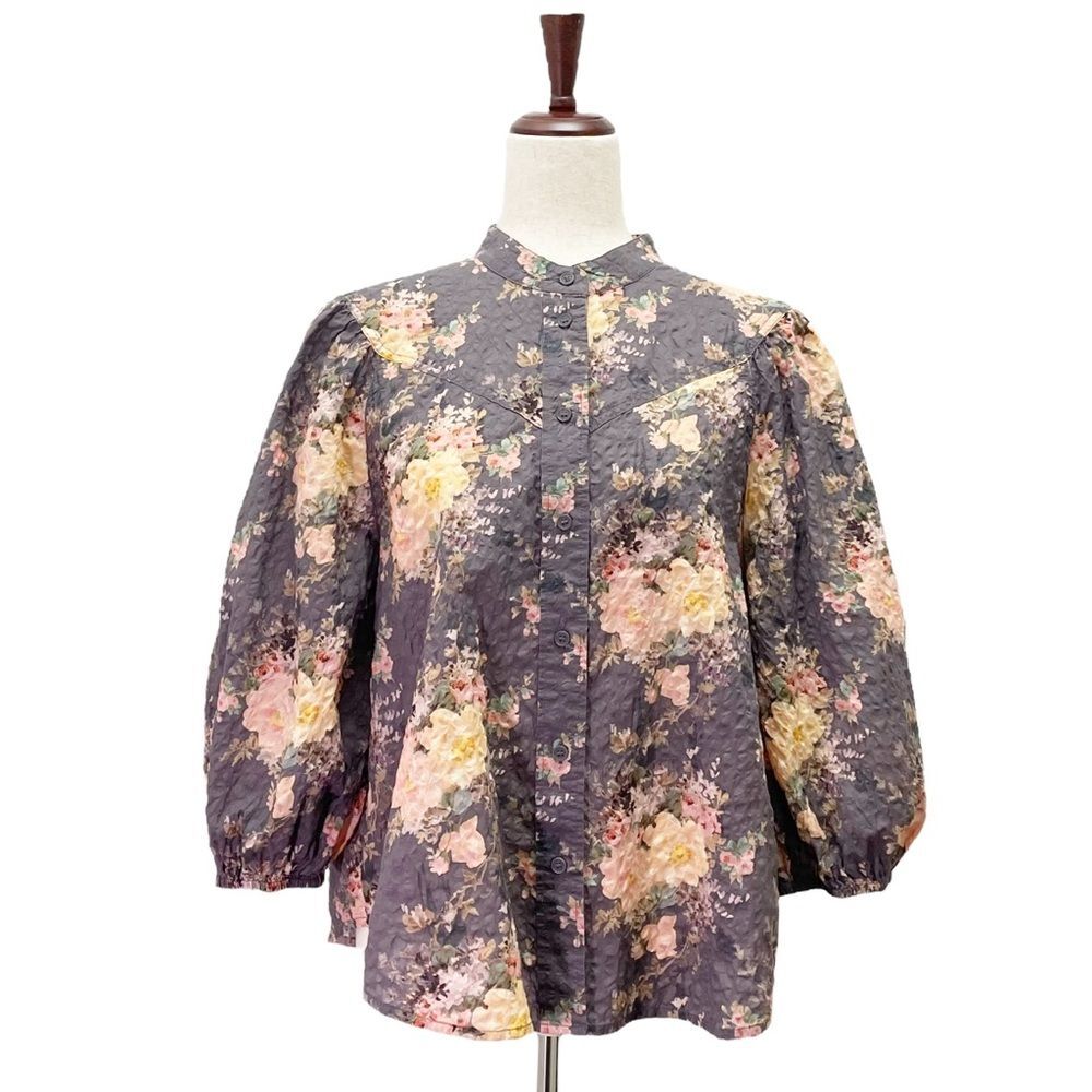 & Other Stories Paris Atelier Cottage Floral Gray & Pink Cotton Blouse Size 8